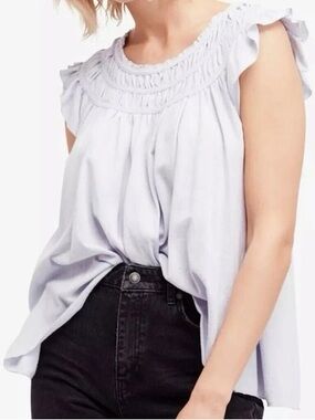 We The Free Pale Blue Smocked Yoke Flutter Sleeve Top